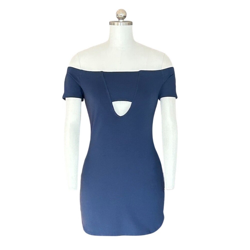Lovely Day Dress Womens Size Large Navy Blue Off Shoulder Bodycon Mini Keyhole